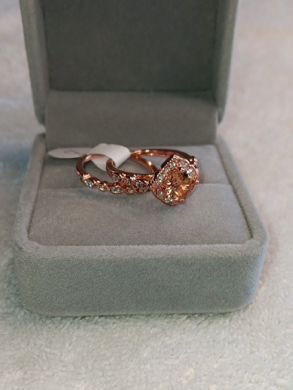 Rose Gold Faux Morganite Halo Bridal Ring Set - Women's Fashion Jewelry
